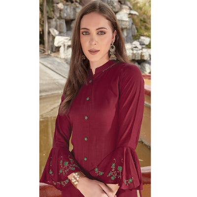 Maroon Embroidered Cotton Blend Kurti