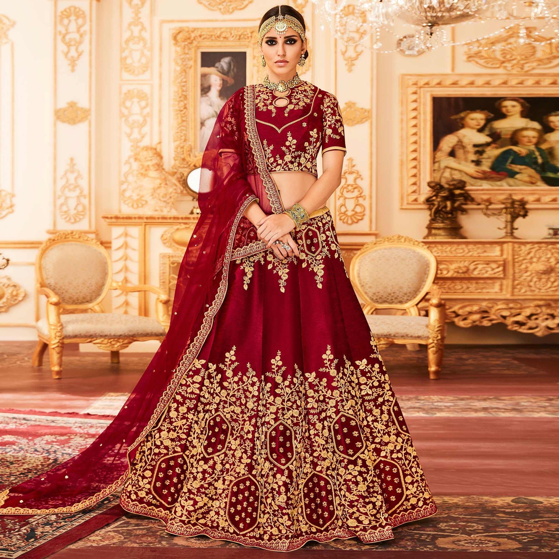 Maroon Embroidered Raw Silk Lehenga Choli