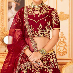 Maroon Embroidered Raw Silk Lehenga Choli