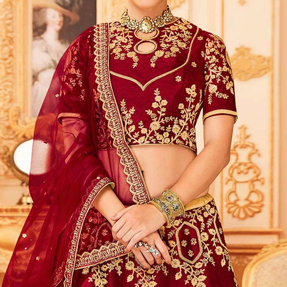 Maroon Embroidered Raw Silk Lehenga Choli