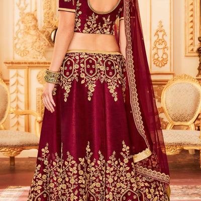 Maroon Embroidered Raw Silk Lehenga Choli