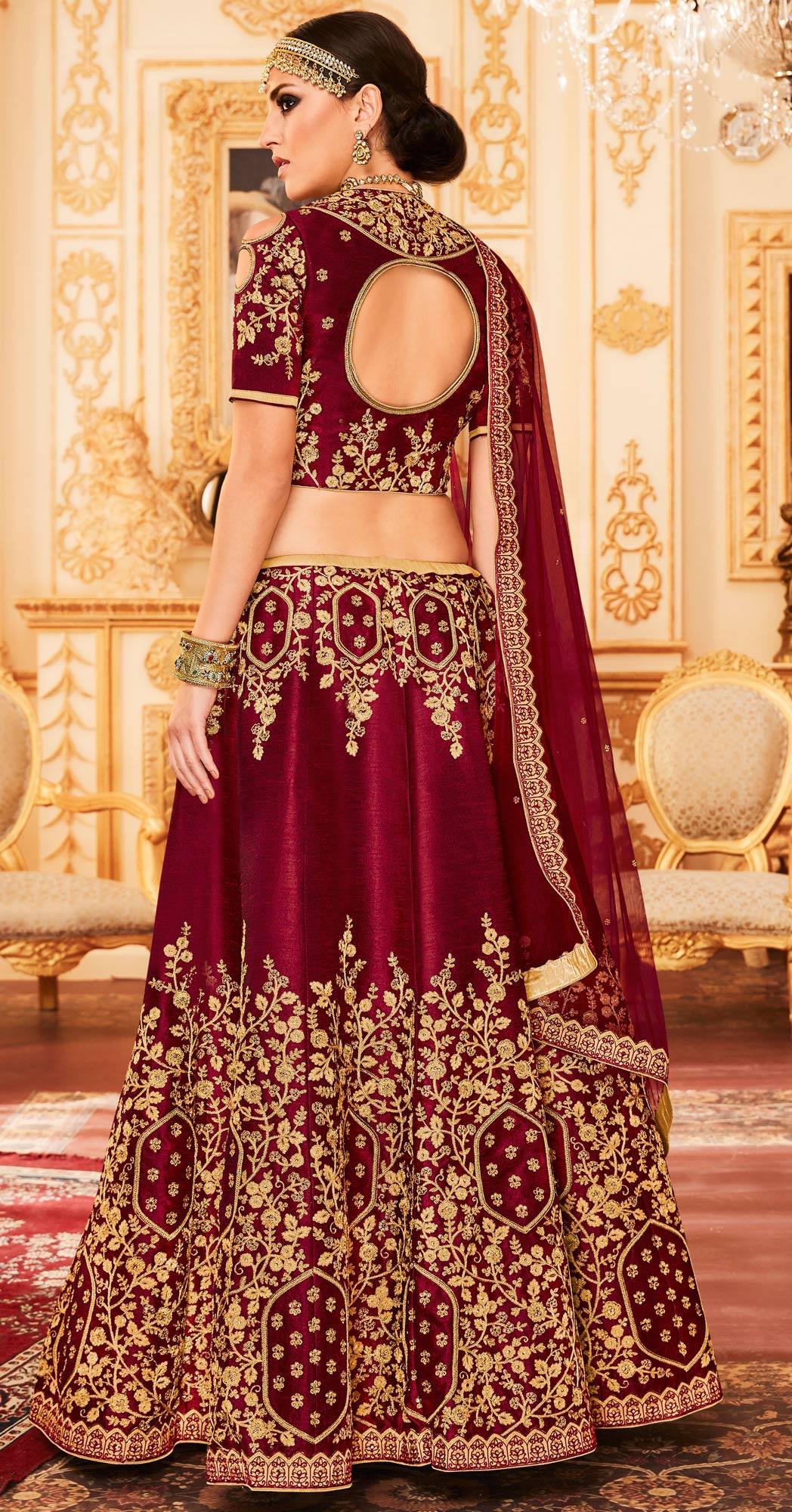 Maroon Embroidered Raw Silk Lehenga Choli