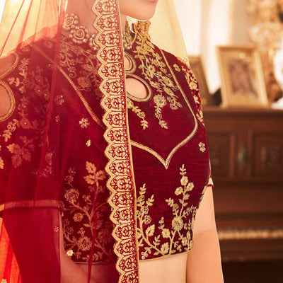 Maroon Embroidered Raw Silk Lehenga Choli