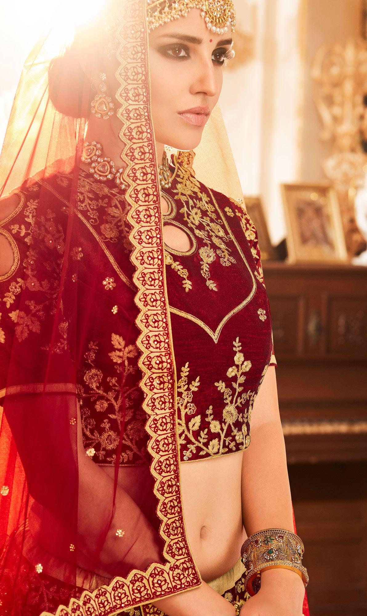 Maroon Embroidered Raw Silk Lehenga Choli