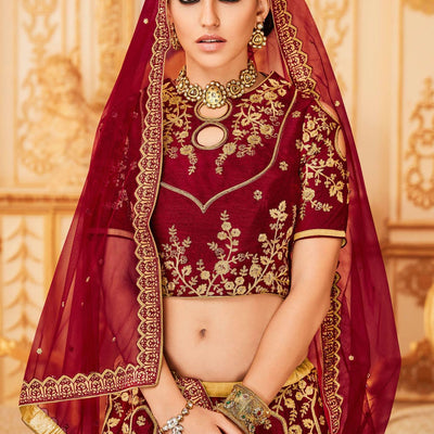Maroon Embroidered Raw Silk Lehenga Choli
