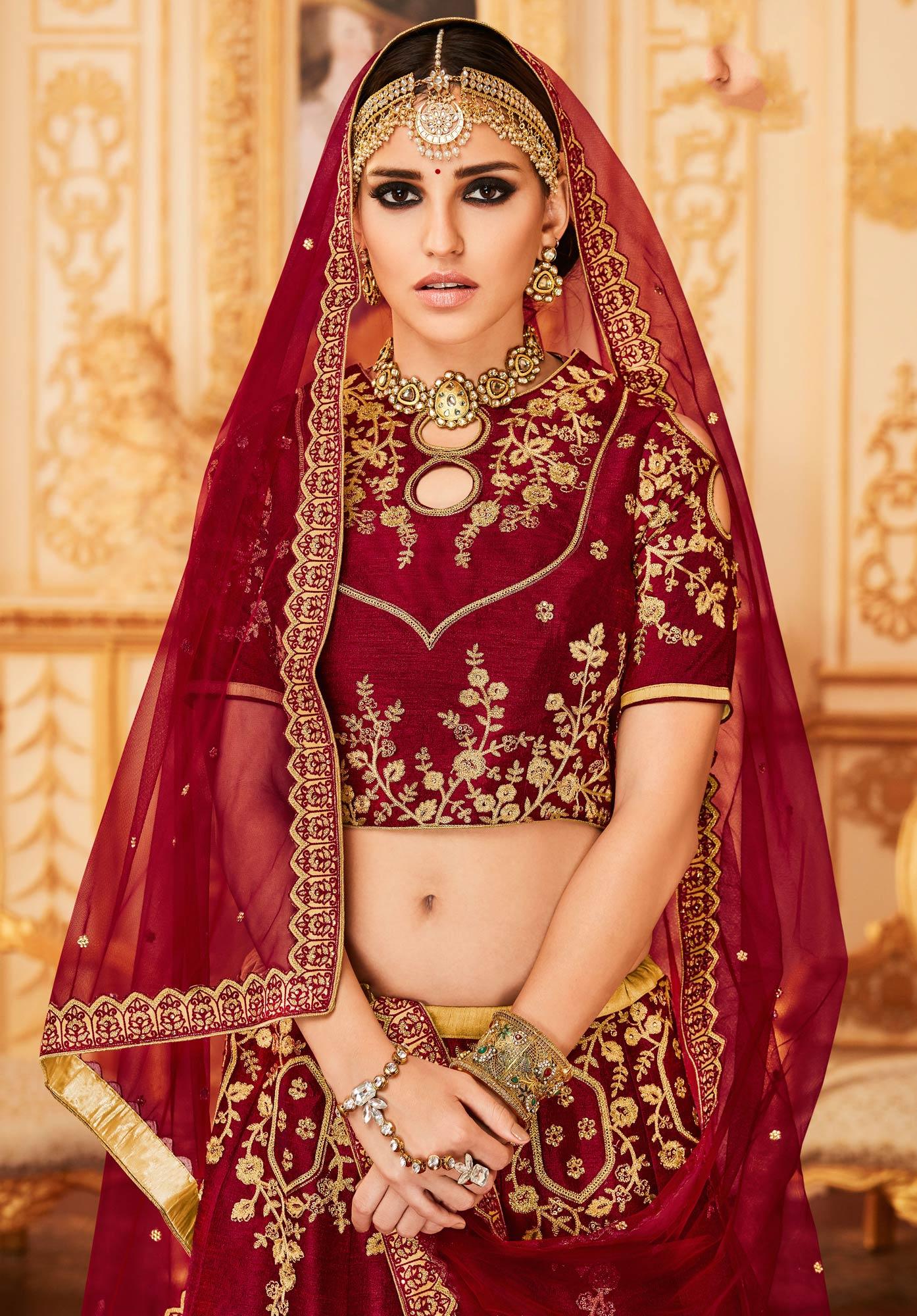 Maroon Embroidered Raw Silk Lehenga Choli