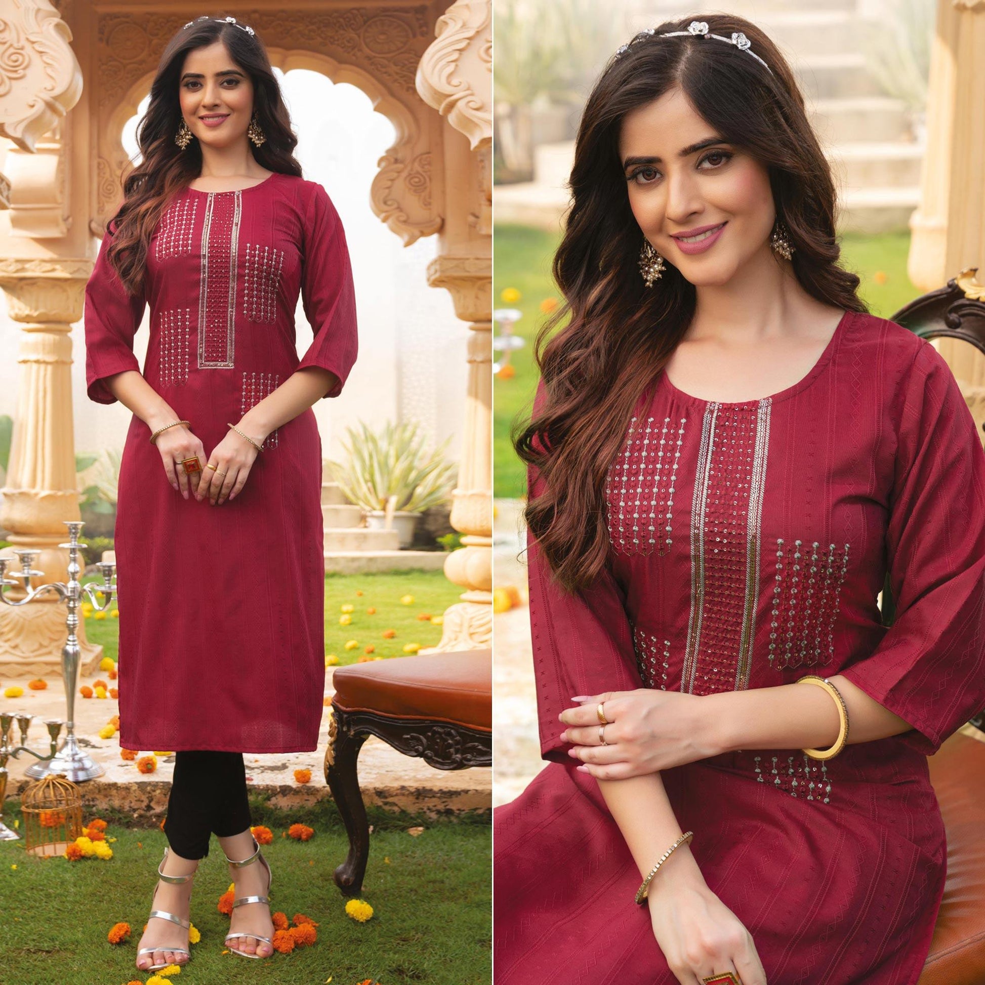 Maroon Embroidered Rayon Kurti