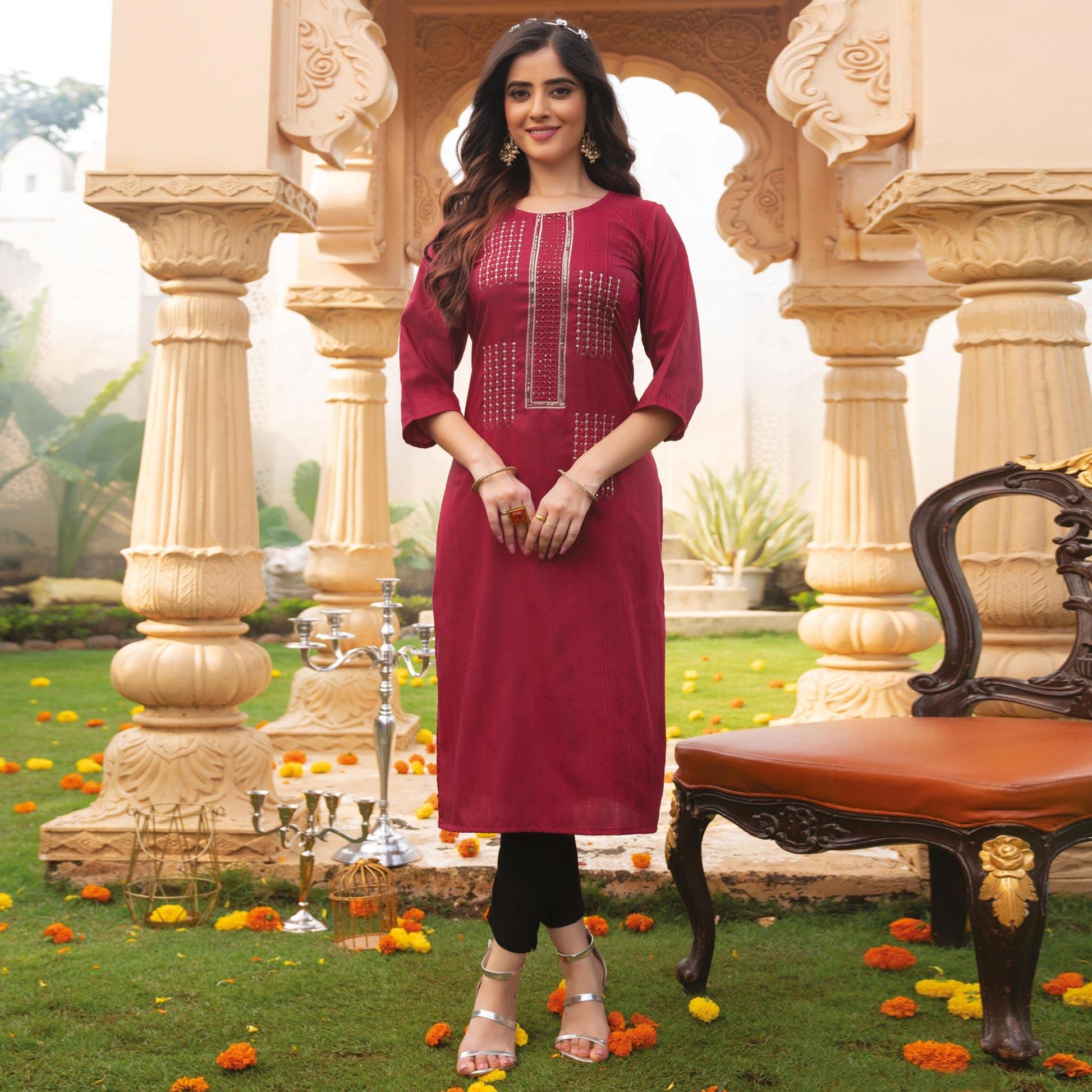 Maroon Embroidered Rayon Kurti