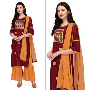 Maroon Embroidered Rayon Palazzo Suit