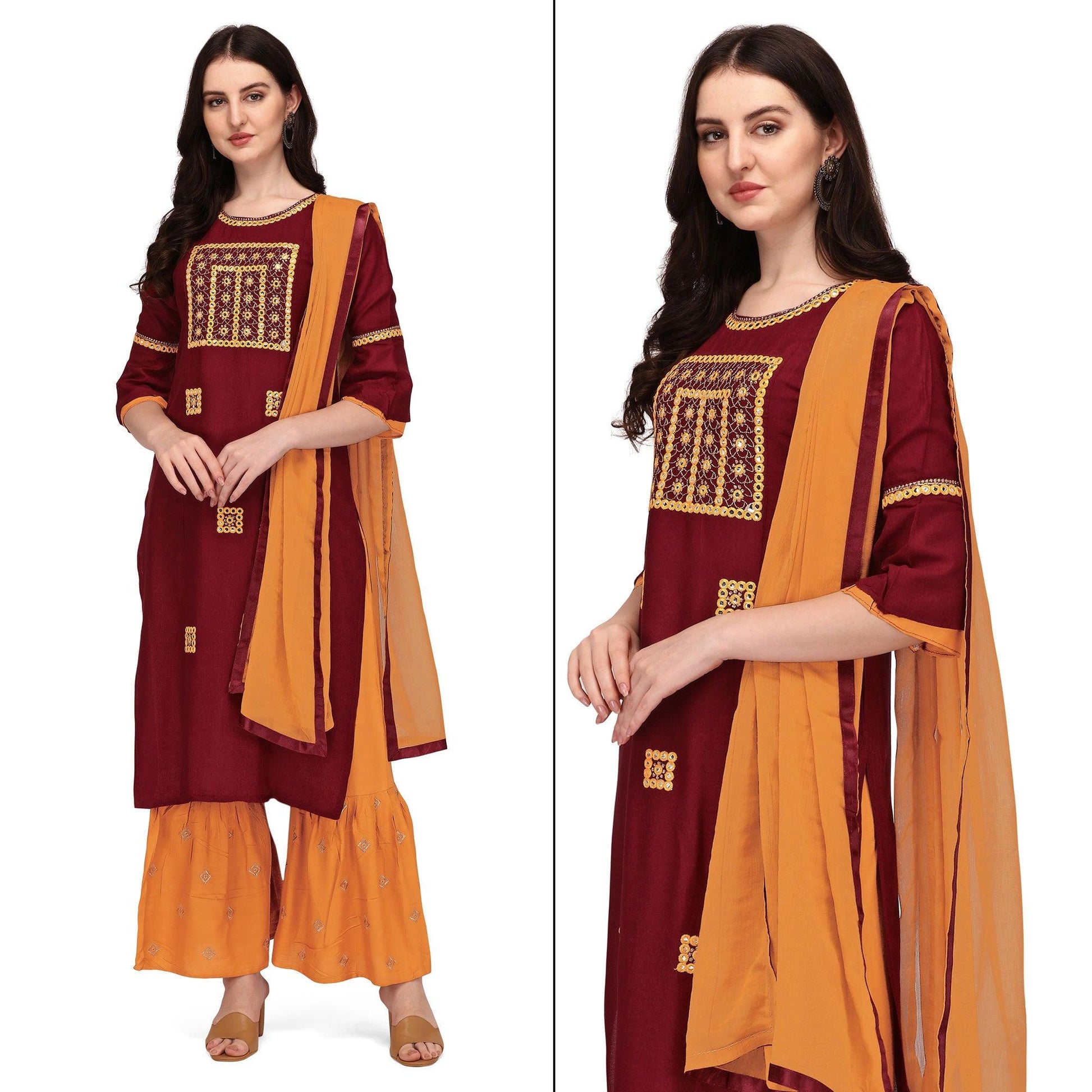 Maroon Embroidered Rayon Palazzo Suit