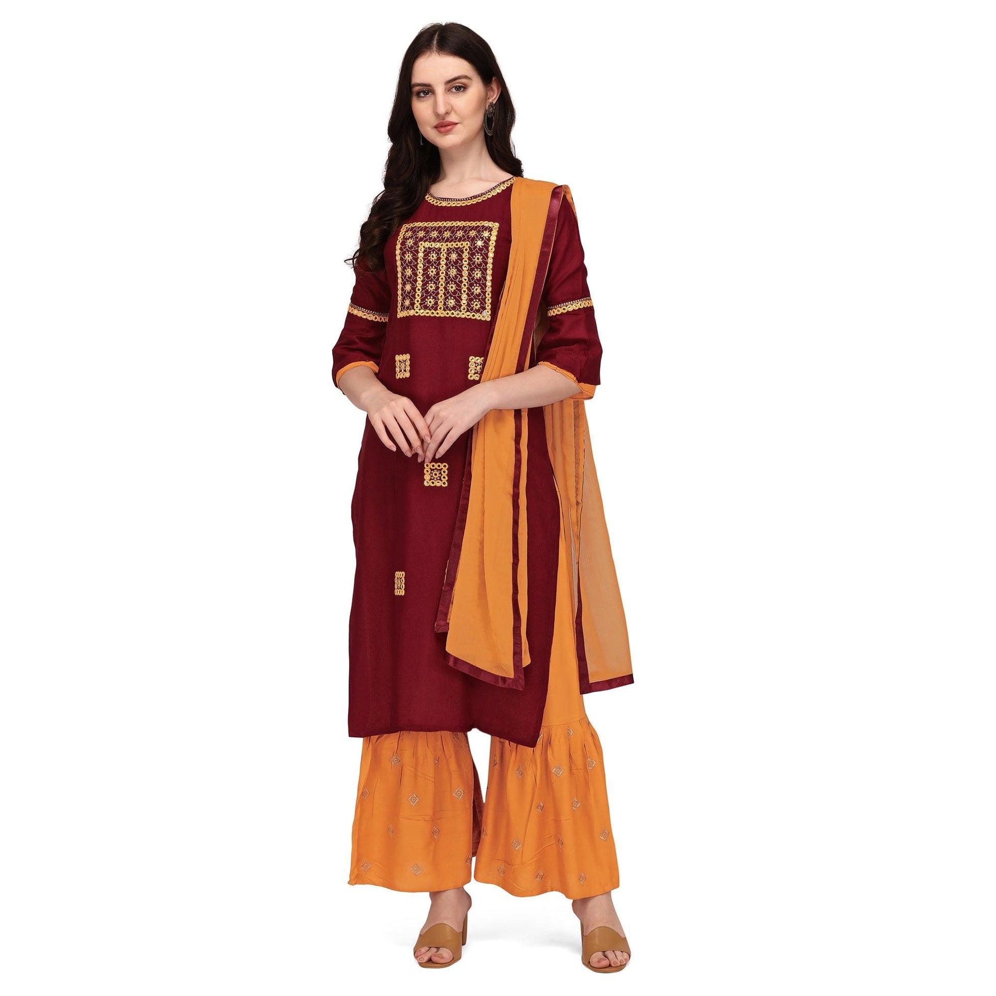 Maroon Embroidered Rayon Palazzo Suit