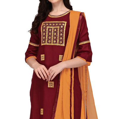 Maroon Embroidered Rayon Palazzo Suit