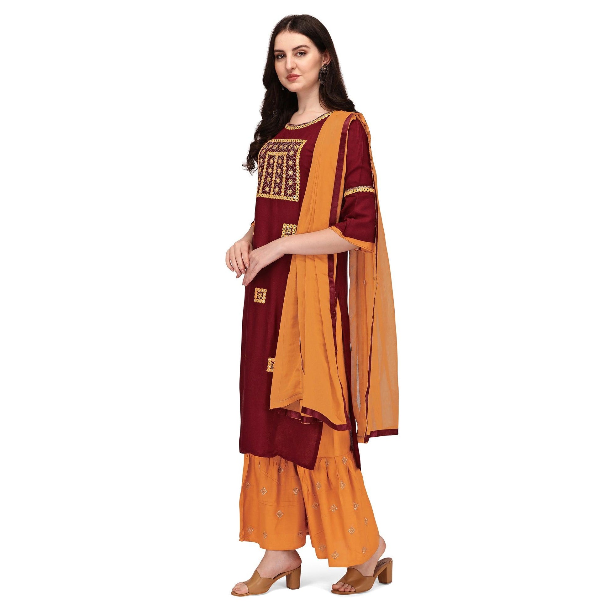 Maroon Embroidered Rayon Palazzo Suit