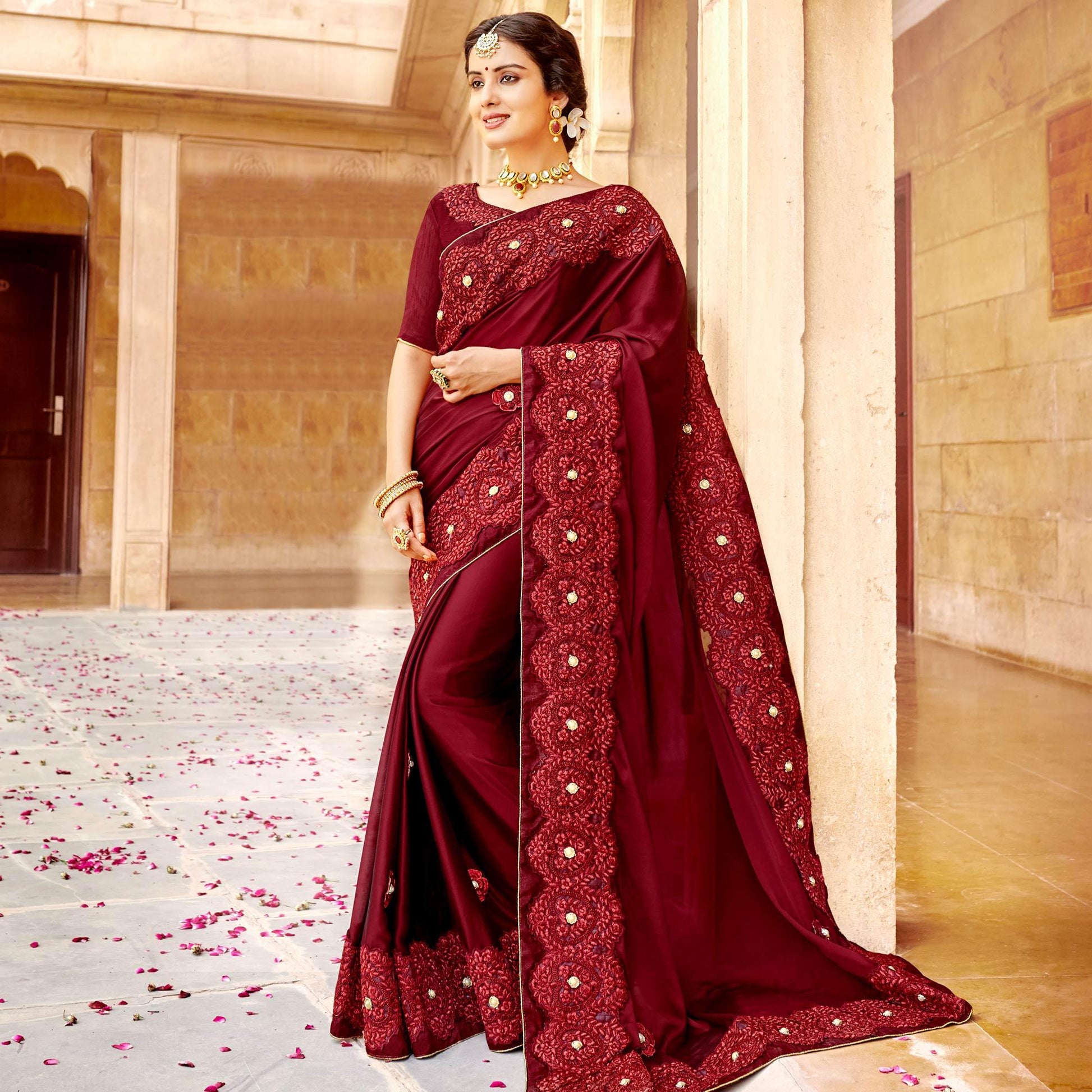 Maroon Embroidered Satin Saree