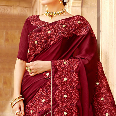 Maroon Embroidered Satin Saree