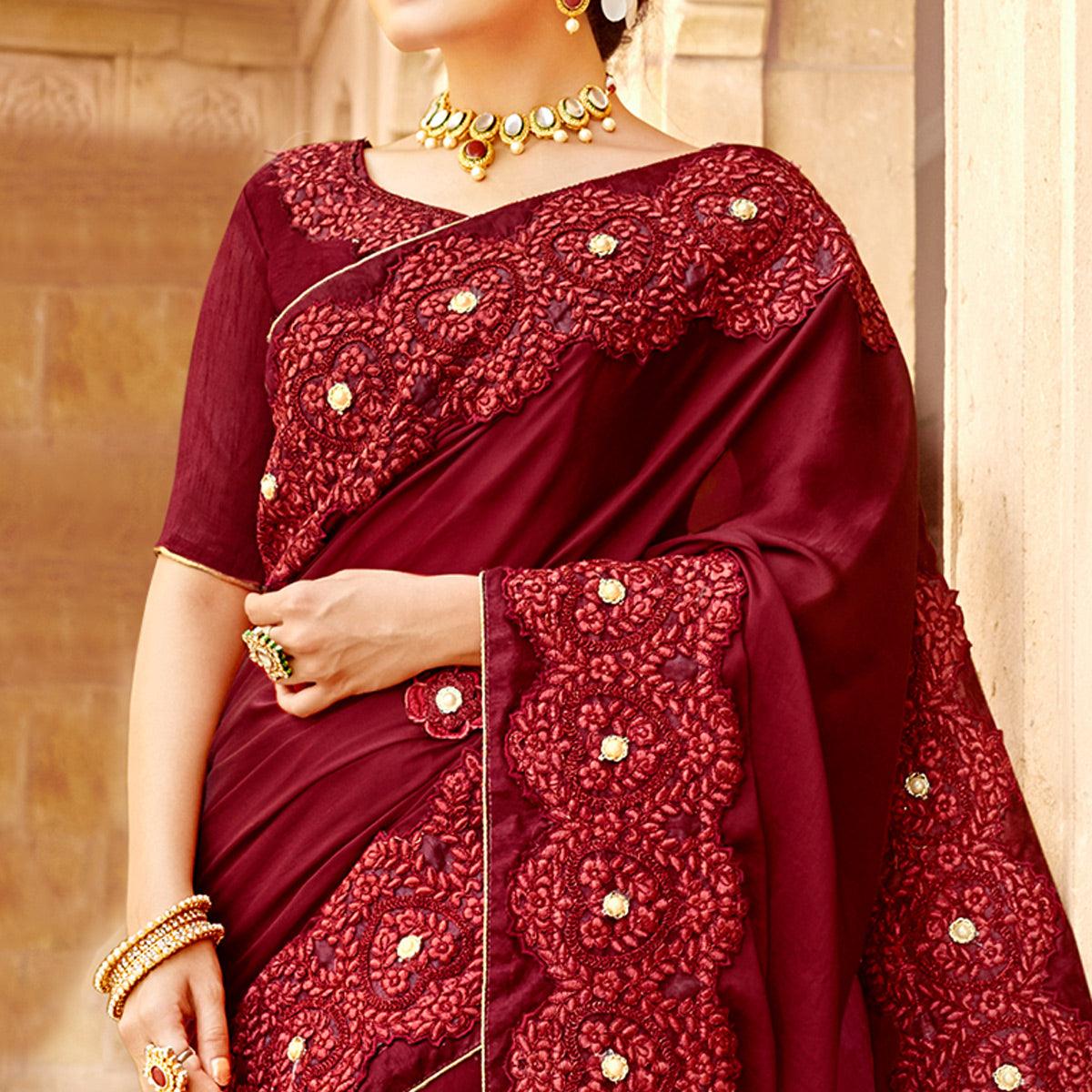 Maroon Embroidered Satin Saree