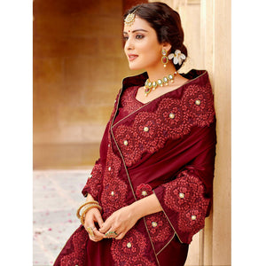Maroon Embroidered Satin Saree