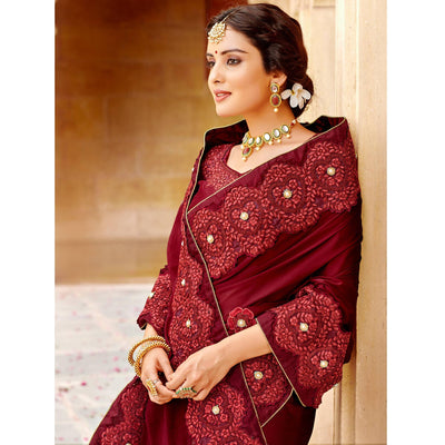 Maroon Embroidered Satin Saree