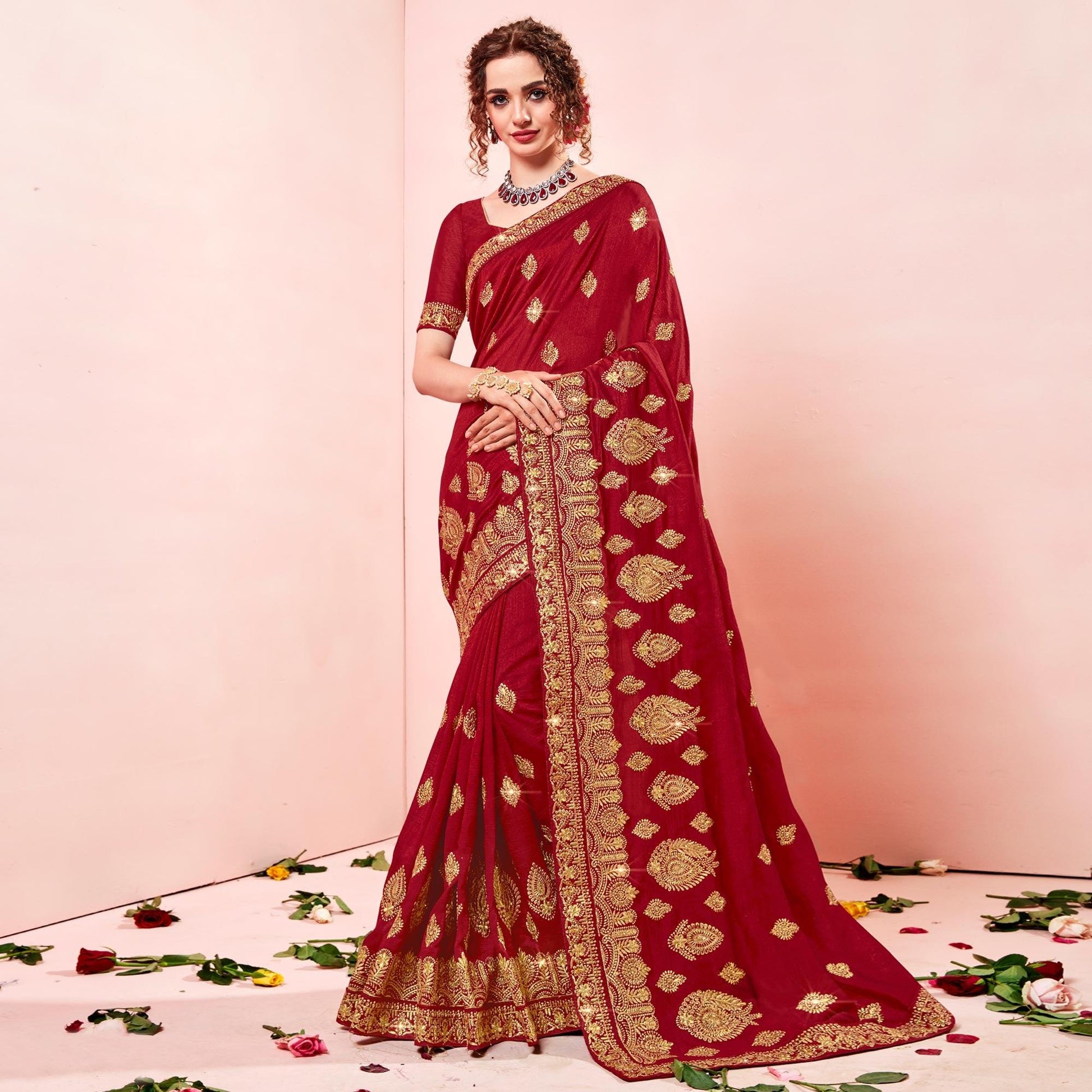 Maroon Embroidered Vichitra Silk Saree