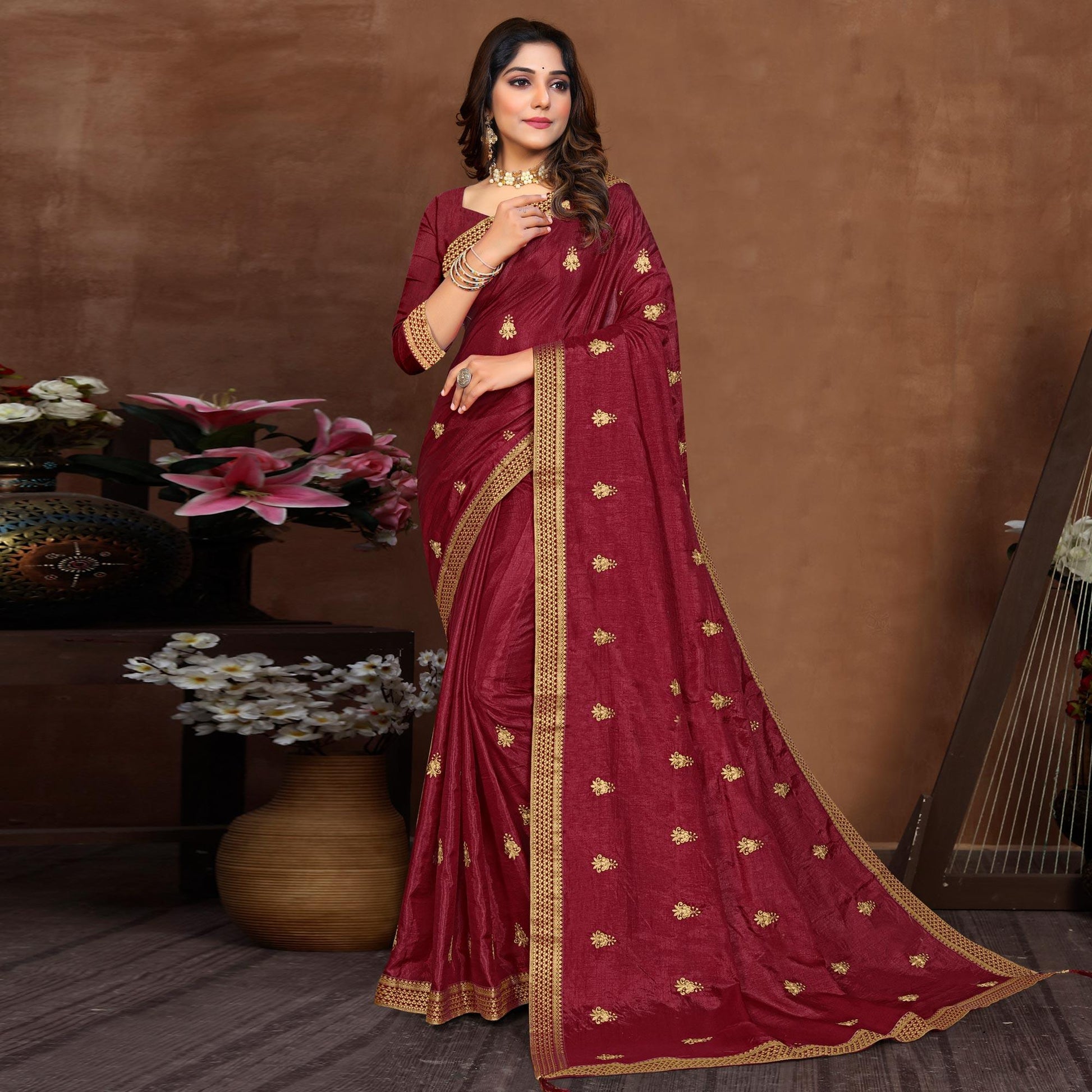 Maroon Embroidered Vichitra Silk Saree