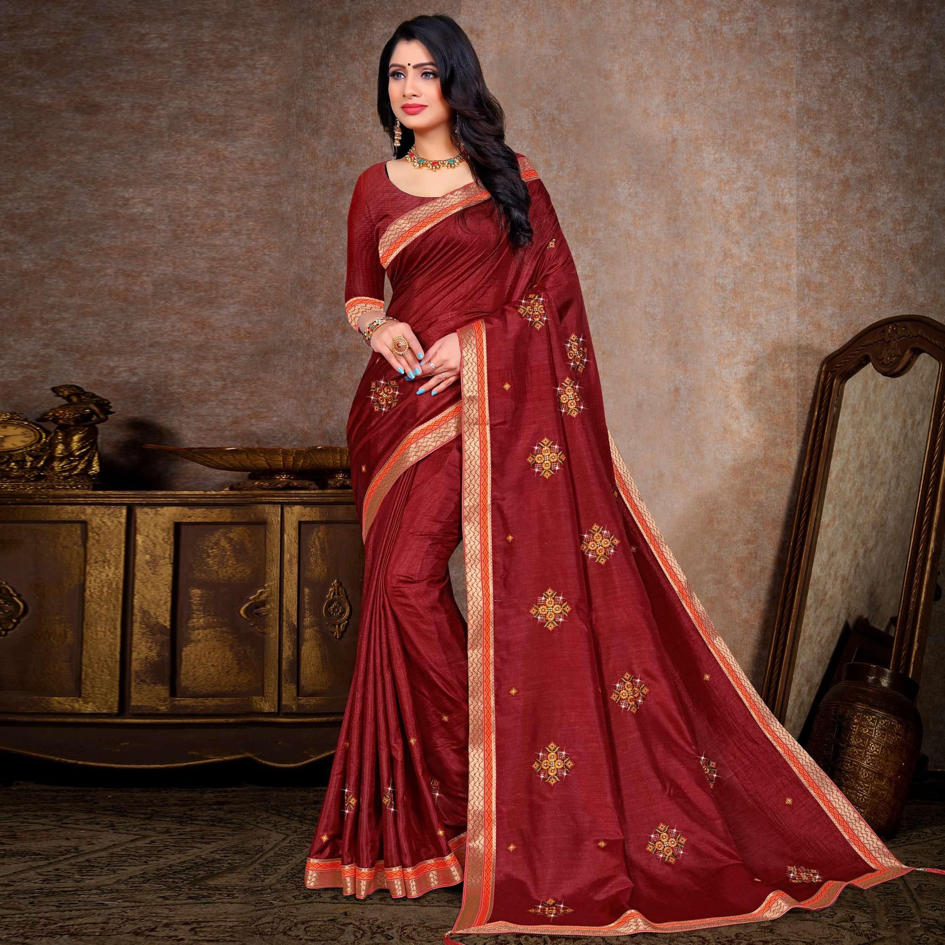 Maroon Embroidered Vichitra Silk Saree
