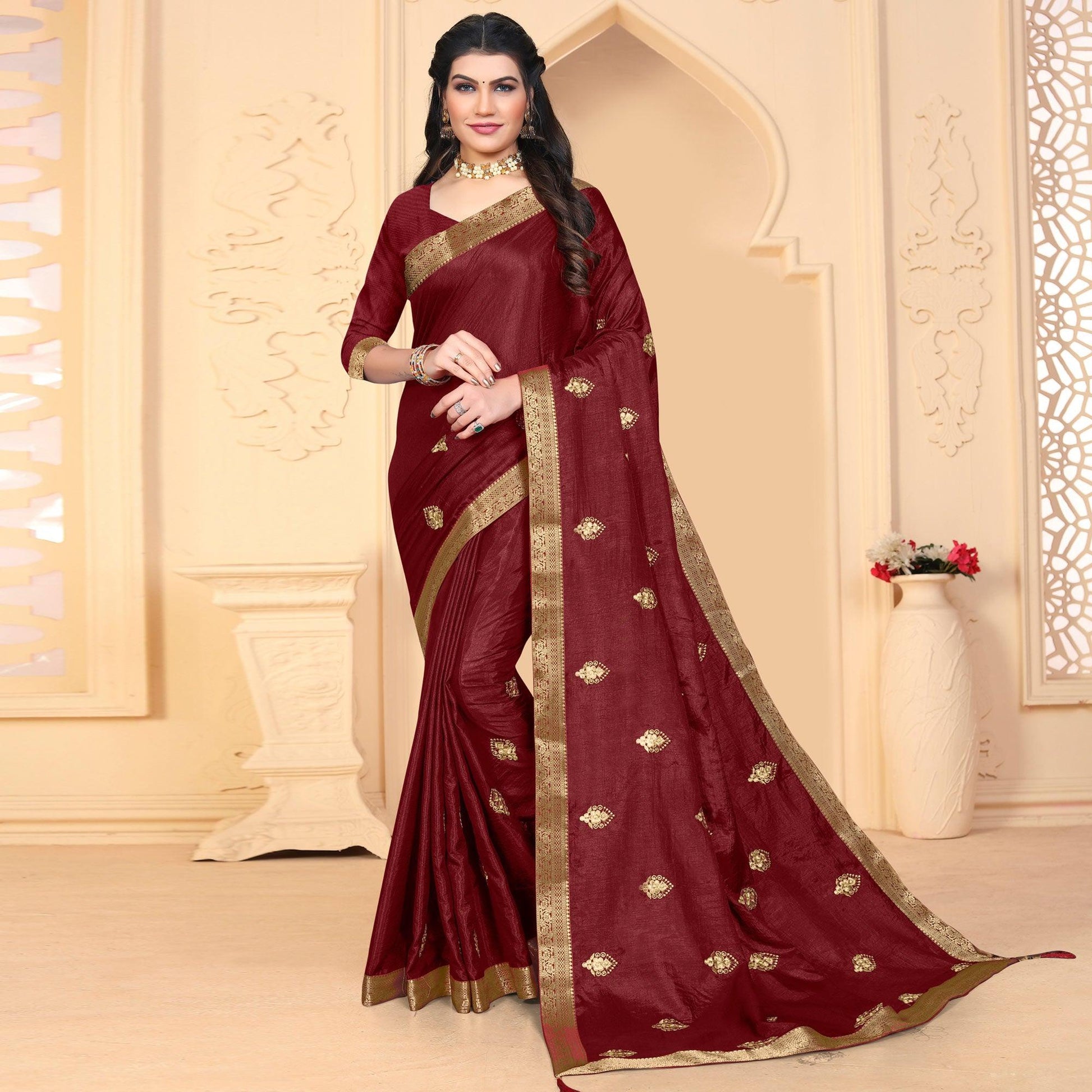 Maroon Embroidered Vichitra Silk Saree