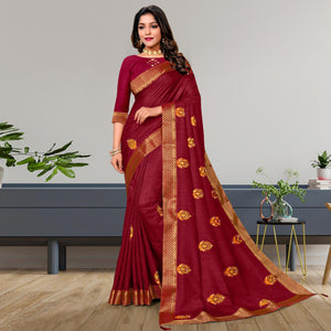 Maroon Embroidered Vichitra Silk Saree