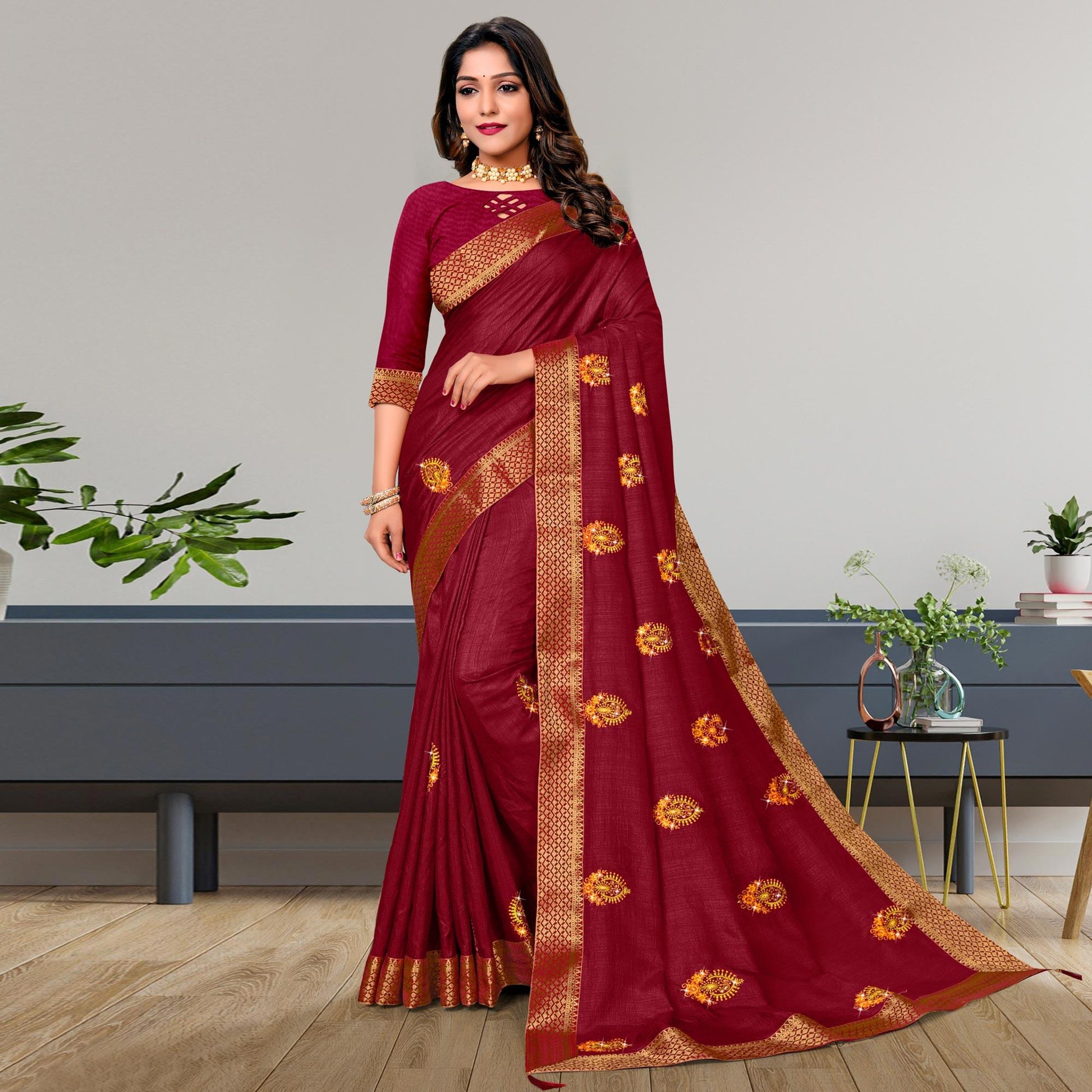 Maroon Embroidered Vichitra Silk Saree