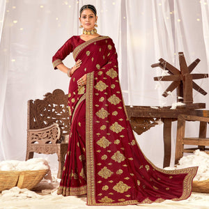 Maroon Embroidered Vichitra Silk Saree