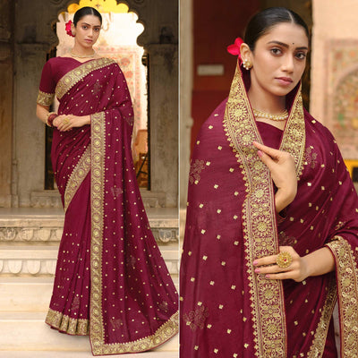 Maroon Embroidered Vichitra Silk Saree