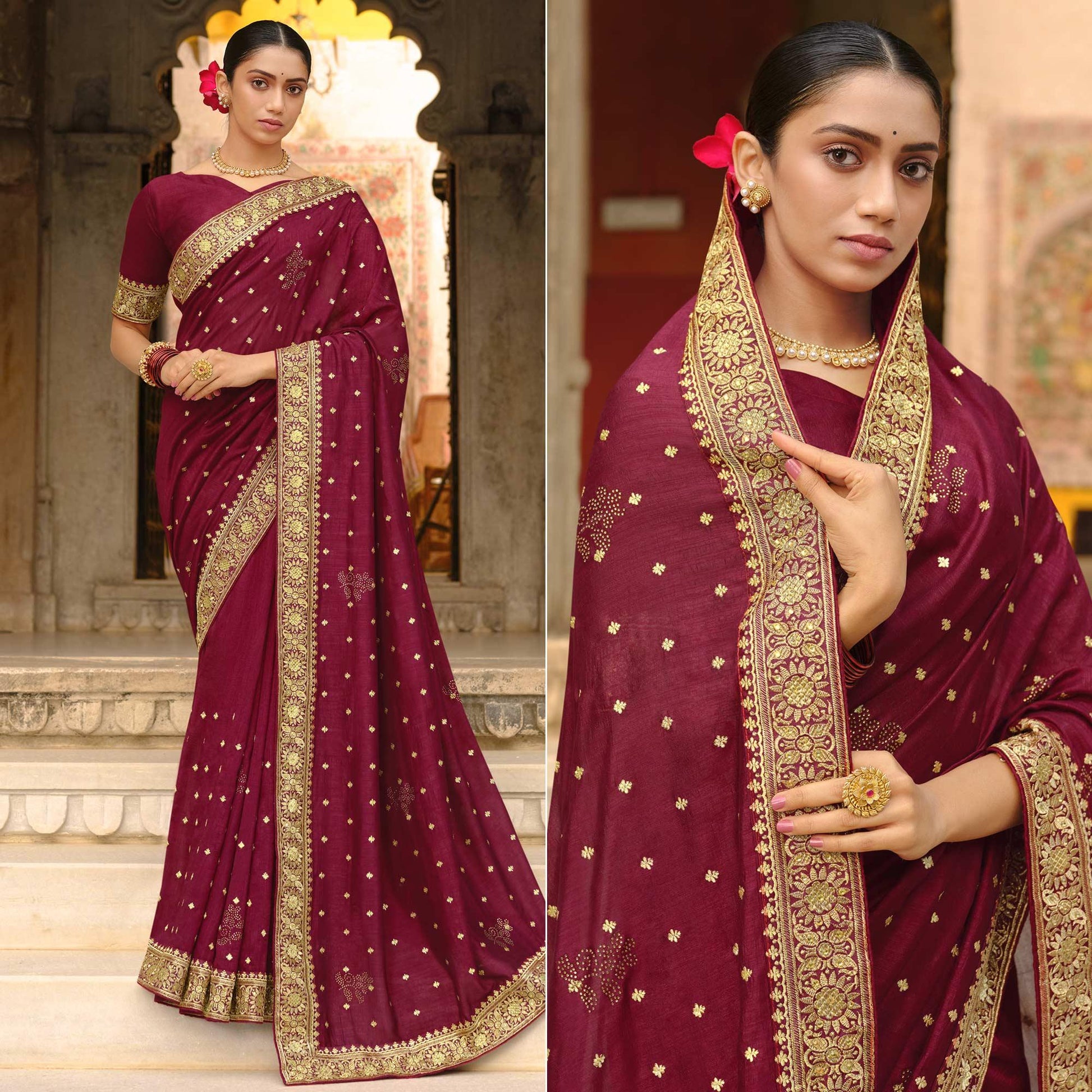 Maroon Embroidered Vichitra Silk Saree