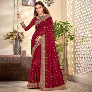 Maroon Embroidered Vichitra Silk Saree