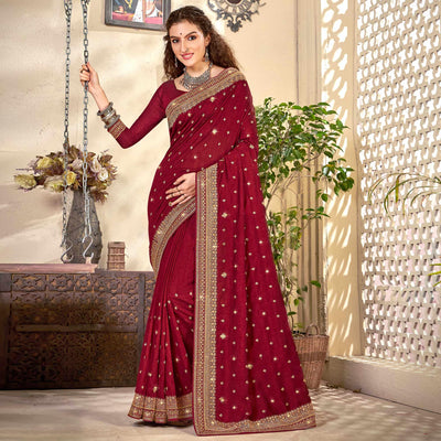 Maroon Embroidered Vichitra Silk Saree