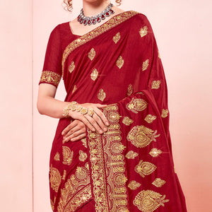 Maroon Embroidered Vichitra Silk Saree