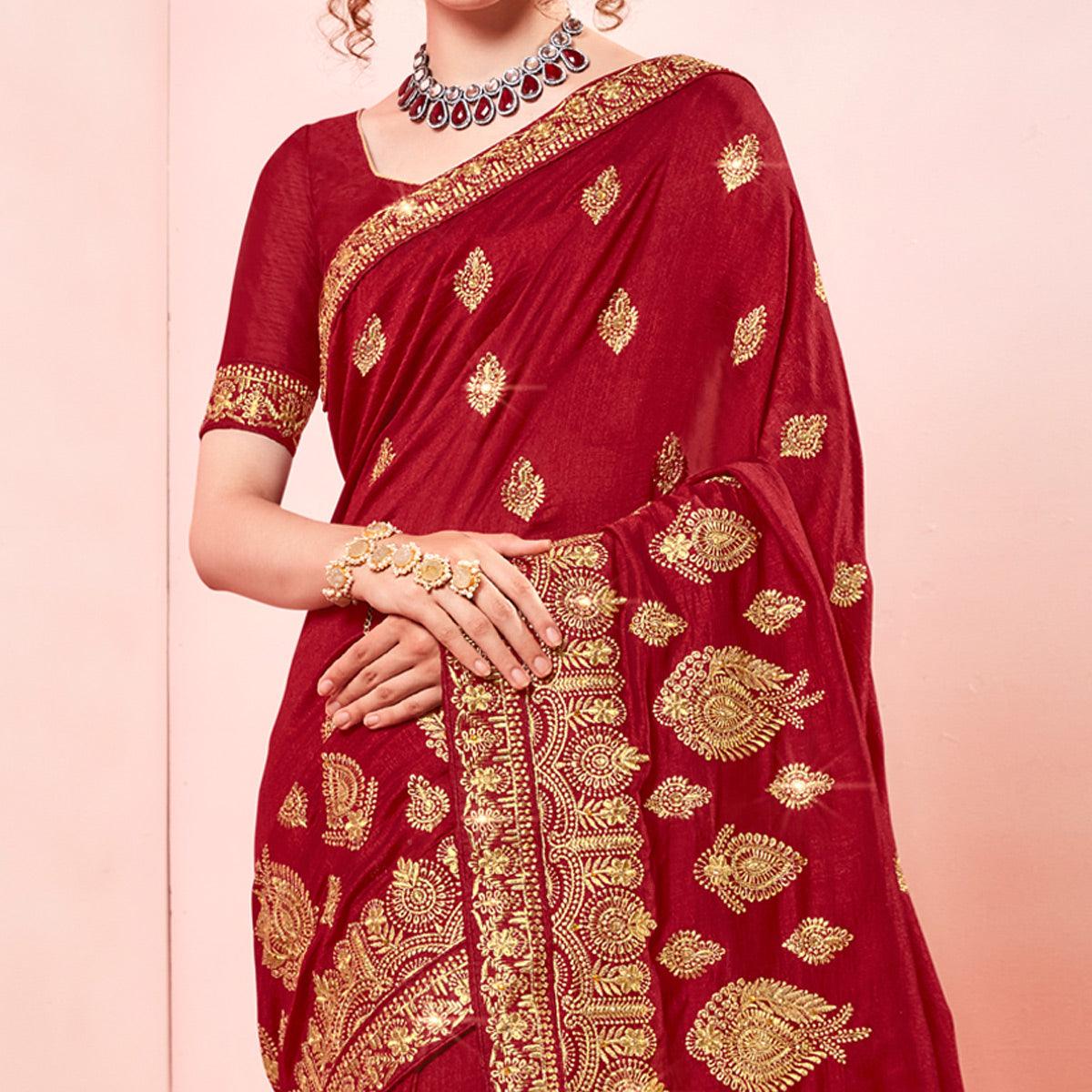 Maroon Embroidered Vichitra Silk Saree