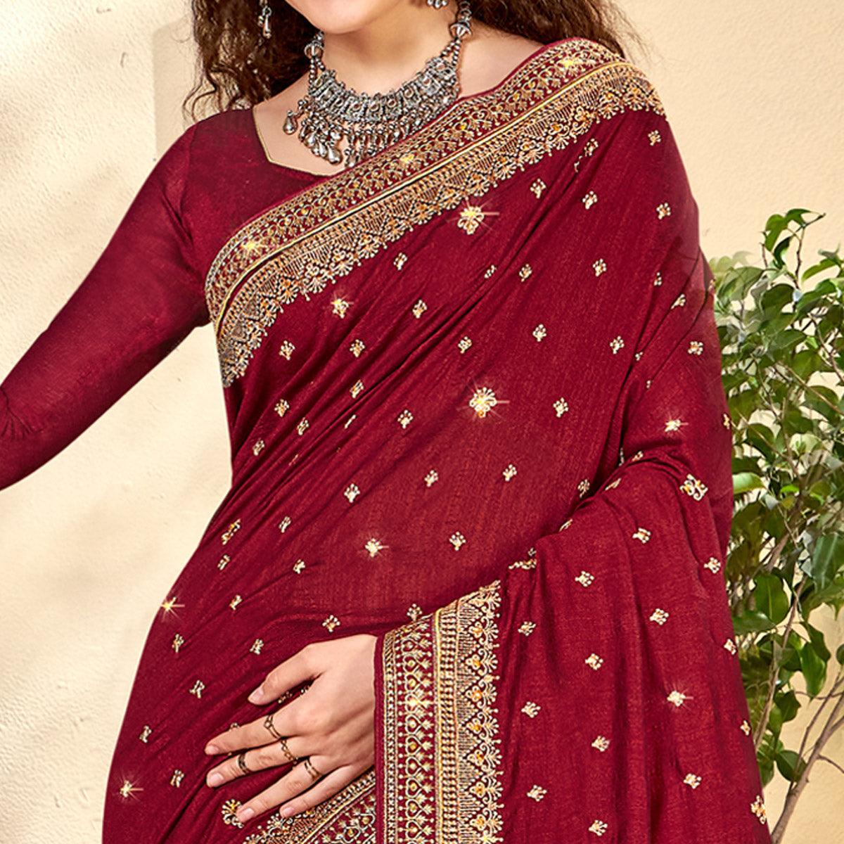 Maroon Embroidered Vichitra Silk Saree