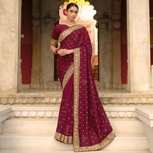 Maroon Embroidered Vichitra Silk Saree
