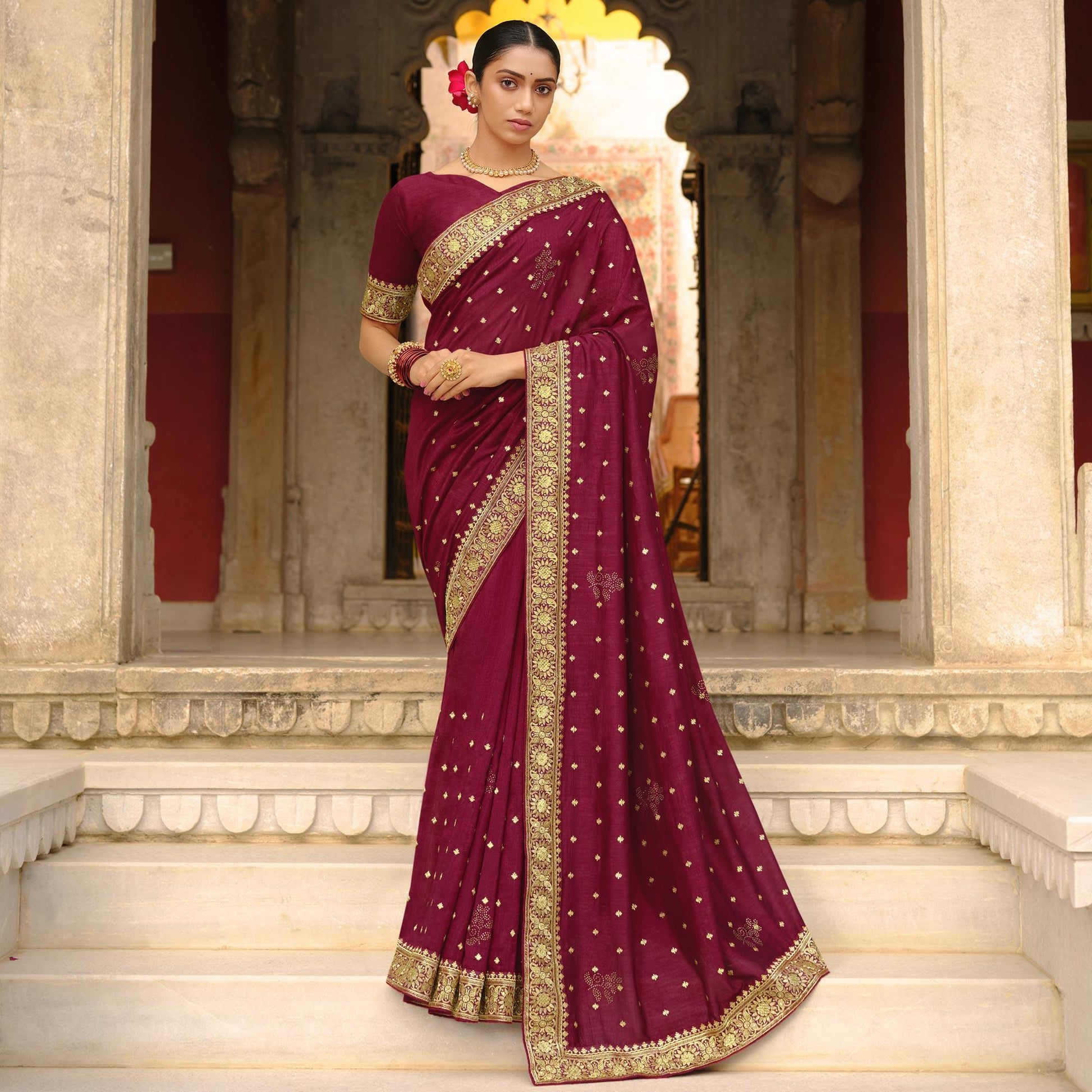 Maroon Embroidered Vichitra Silk Saree