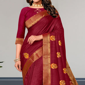 Maroon Embroidered Vichitra Silk Saree