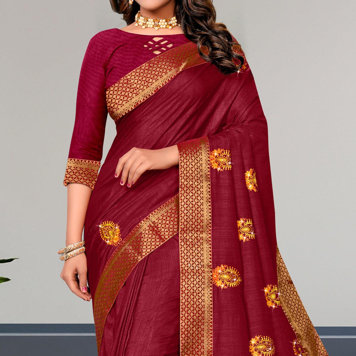 Maroon Embroidered Vichitra Silk Saree