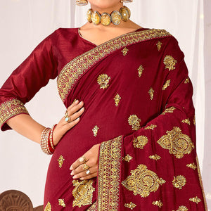 Maroon Embroidered Vichitra Silk Saree