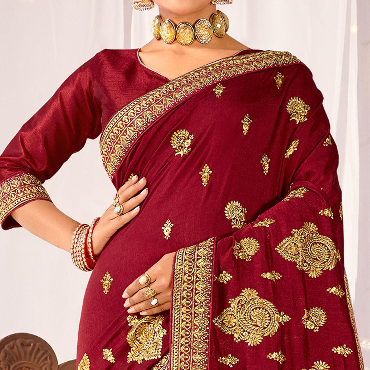 Maroon Embroidered Vichitra Silk Saree
