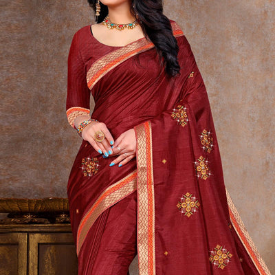 Maroon Embroidered Vichitra Silk Saree