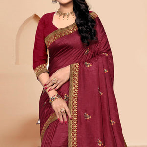 Maroon Embroidered Vichitra Silk Saree