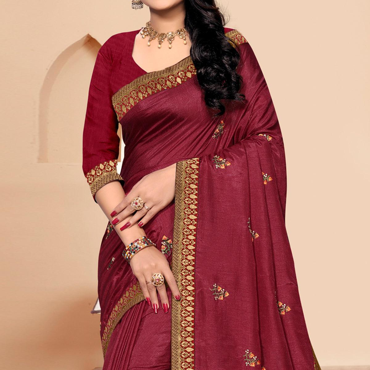 Maroon Embroidered Vichitra Silk Saree