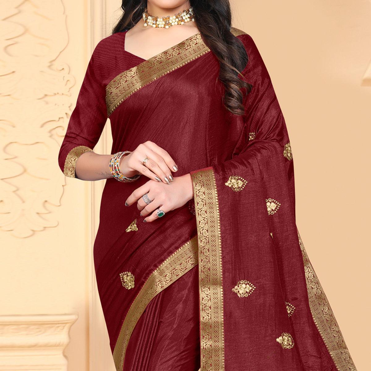 Maroon Embroidered Vichitra Silk Saree