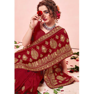 Maroon Embroidered Vichitra Silk Saree