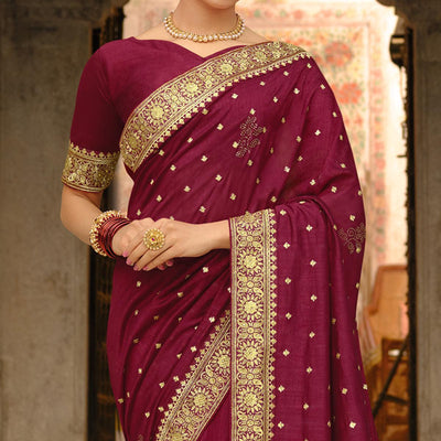 Maroon Embroidered Vichitra Silk Saree
