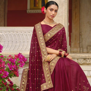 Maroon Embroidered Vichitra Silk Saree