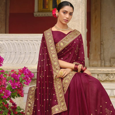 Maroon Embroidered Vichitra Silk Saree